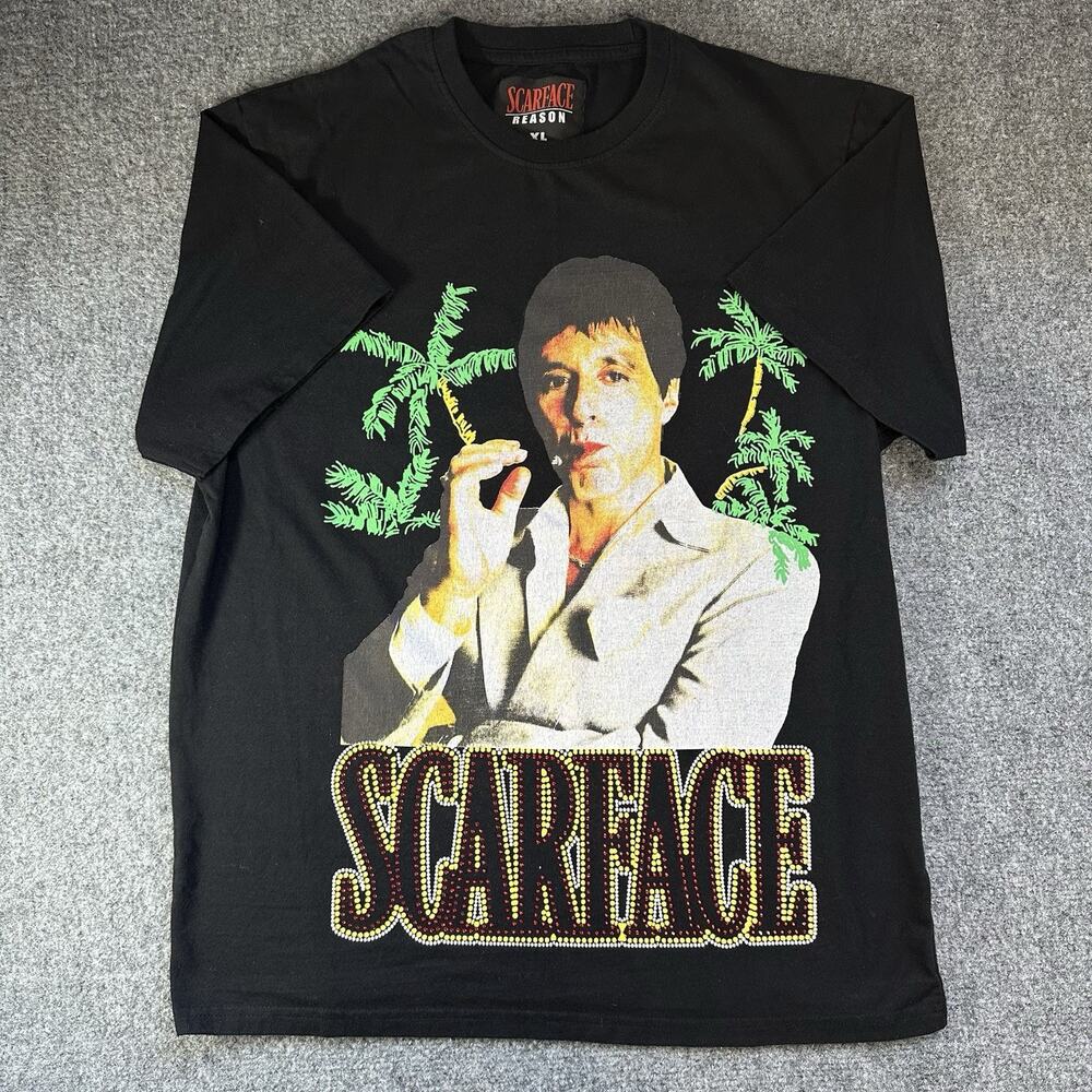 Scarface Tony Montana Men’s Black T-Shirt W/ Bedazzled Lettering Size XL Reason